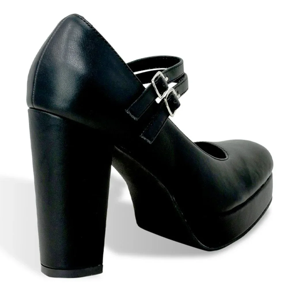 Women’s Vintage Chunky Platform Block Heel Mary Janes with Double Straps - Picture 3 of 4